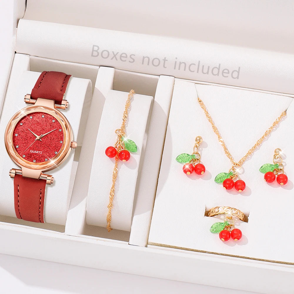 6PCS/Set Red Women's Watch With Minimalist Elements Dial Quartz Watch Latex Strap Cherry Elements Jewelry Set Girl's Gift Badiee Stylez
