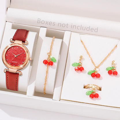 6PCS/Set Red Women's Watch With Minimalist Elements Dial Quartz Watch Latex Strap Cherry Elements Jewelry Set Girl's Gift Badiee Stylez