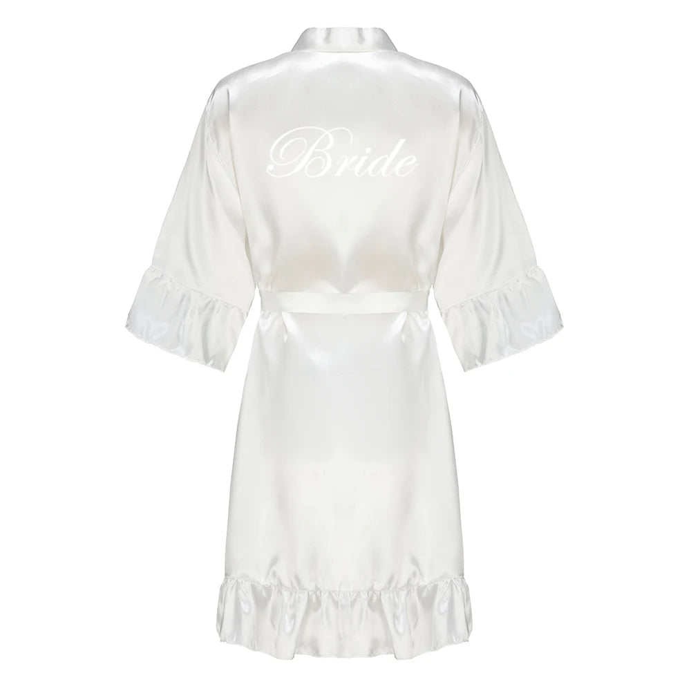 Wedding Bride Bridesmaid Robes for Women Bridal Party Gifts Team Dress Gown Silk Satin Sleepwear Kimono With Ruffle White Letter As the photo show 9
