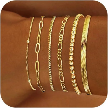 Gold Bracelets for Women Waterproof 14K Gold Plated Jewelry Set for Women Trendy ThinDainty Stackable Cuban Link Paperclip Chain Gold Set of 6 16.5cm