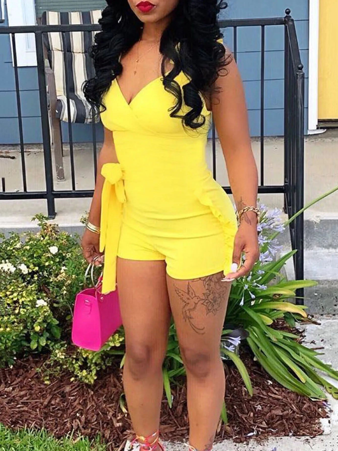 Ruffle Deep V Neck Summer Romper Sexy Bow Tie Short Jumpsuit Women Sleeveless Casual Playsuit Overalls Rompers