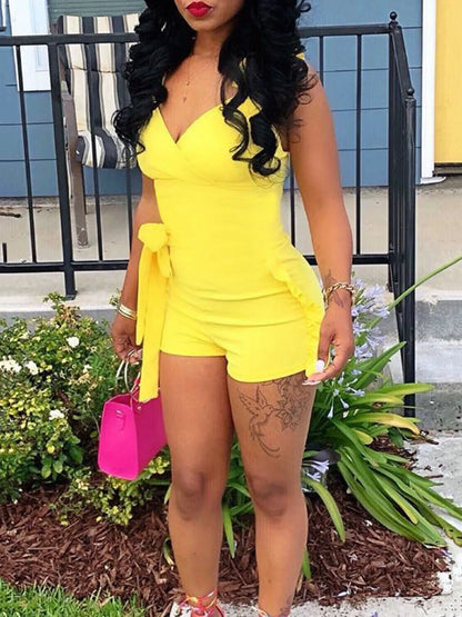 Ruffle Deep V Neck Summer Romper Sexy Bow Tie Short Jumpsuit Women Sleeveless Casual Playsuit Overalls Rompers