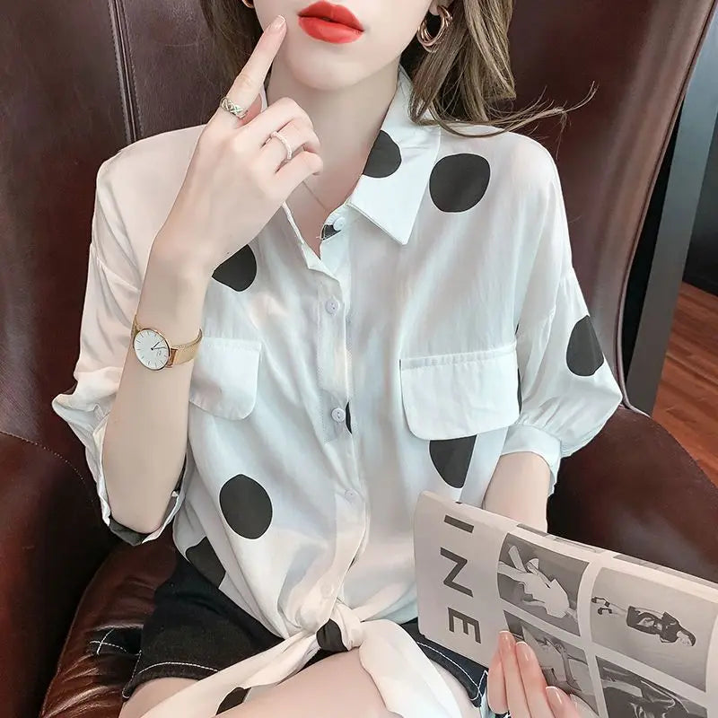 Fashion Lapel Loose Bandage Bow Polka Dot Shirt Women's Clothing 2025 Summer New Oversized Casual Tops Half Sleeve Korean Blouse