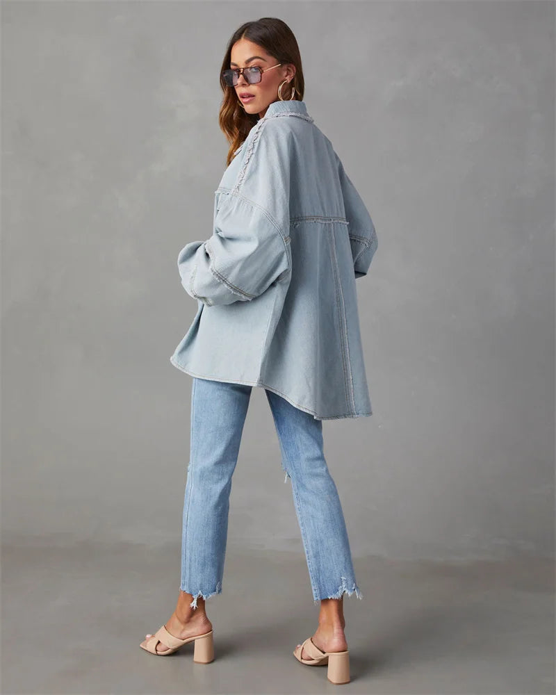 2025 Spring Autumn Shirt Style Denim Jacket Women Holes Raw-edges Jeancoat Casual Tops Female Oversize Loose Outerwear 7 Colors