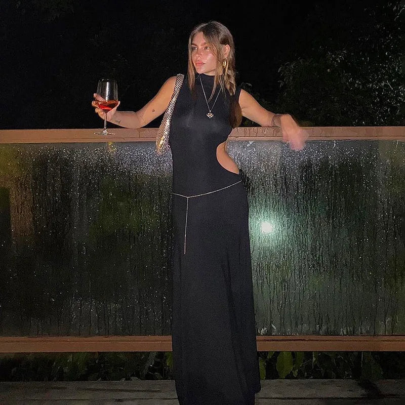 Cryptographic Sexy Cut Out Maxi Dress Outfits for Women Elegant Club Party Bodycon Sleeveless Tank Dresses Vestido Summer Chic