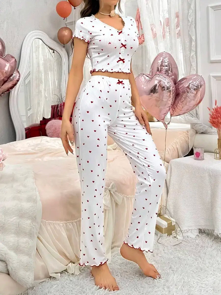 Heart Print Ribbed Frill Trim Pajama Set for Women Sleepwear Knitted V-Neck Loose Tops Elastic Long Pants Autumn Winter Wear
