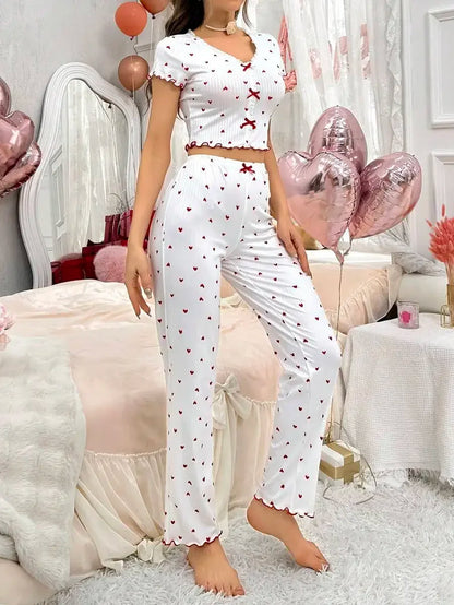 Heart Print Ribbed Frill Trim Pajama Set for Women Sleepwear Knitted V-Neck Loose Tops Elastic Long Pants Autumn Winter Wear