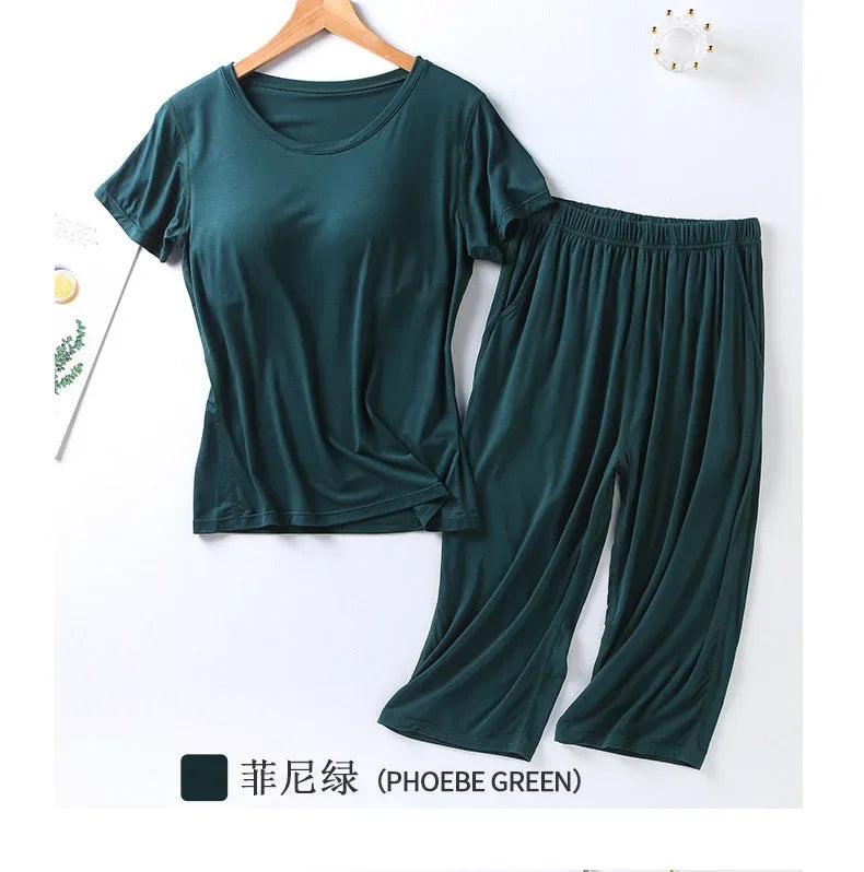 2025 summer new ladies modal pajamas two-piece suit with chest pad short-sleeved cropped trousers plus size home service set 05