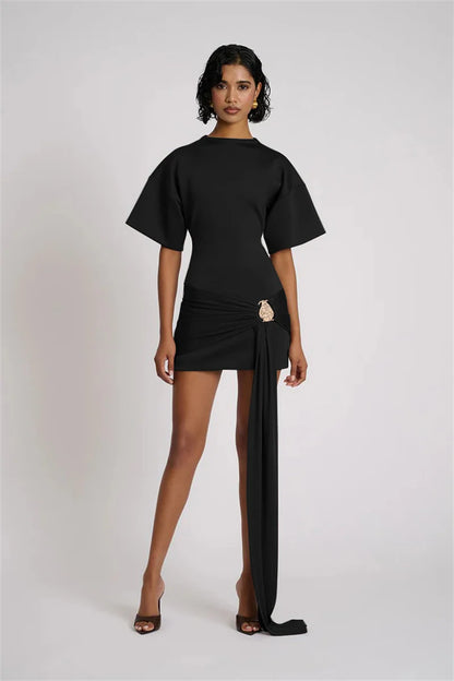 Mozision Fashion Short Sleeve Ruched Sexy Mini Dress Women Elegant Metal Decoration Solid O Neck High Waist Club Dresses New