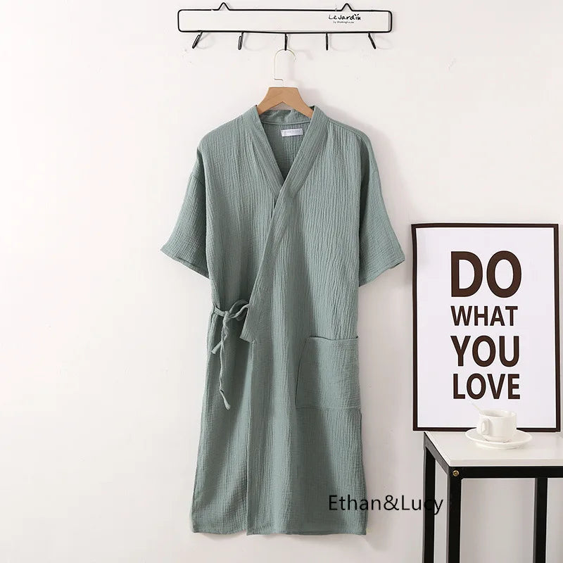 Summer 100% Cotton Gauze Crepe Short Sleeve Robes for Women and Men Solid Bathrobe Loose Soft Japanese-style Kimono Robe 2021 Women pea green