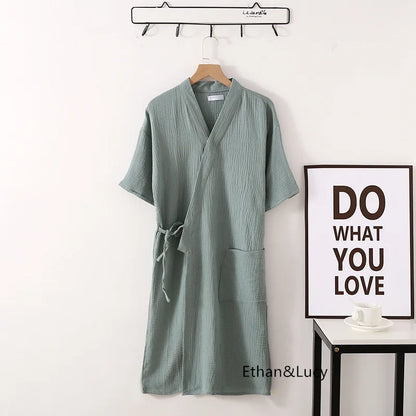Summer 100% Cotton Gauze Crepe Short Sleeve Robes for Women and Men Solid Bathrobe Loose Soft Japanese-style Kimono Robe 2021 Women pea green