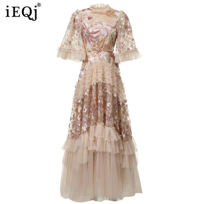 IEQJ Fashion Pink Embroidered Sequins Dress Women's Round Neck Ruffles Half Sleeves Ankle-length Dresses New 3A132 Badiee Stylez