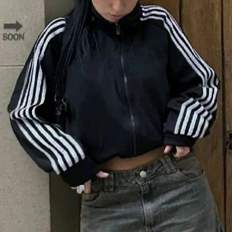 Women Sporty Zip Up Side Striped Jacket Autumn Casual Mock Neck Motorcycle Coats Tops Teen Girls Fashion Long Sleeve Sweatshirts
