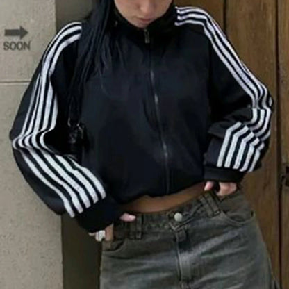 Women Sporty Zip Up Side Striped Jacket Autumn Casual Mock Neck Motorcycle Coats Tops Teen Girls Fashion Long Sleeve Sweatshirts