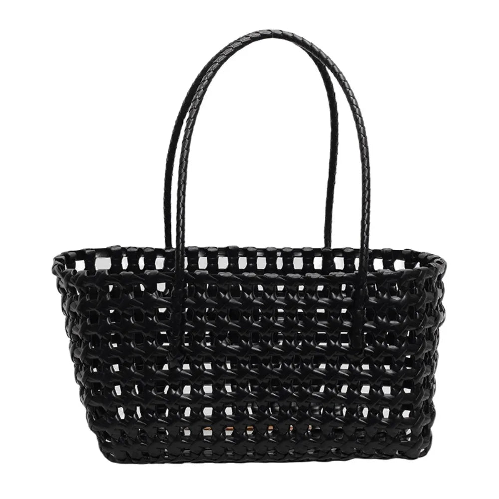 Plastic Hollow Weave Bag Countryside Style Bohemian Style Beach Tote Bag Large Capacity Bucket Bag Vegetable Basket Bag Black