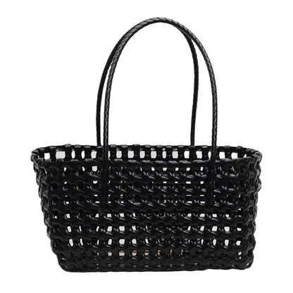 Plastic Hollow Weave Bag Countryside Style Bohemian Style Beach Tote Bag Large Capacity Bucket Bag Vegetable Basket Bag Black