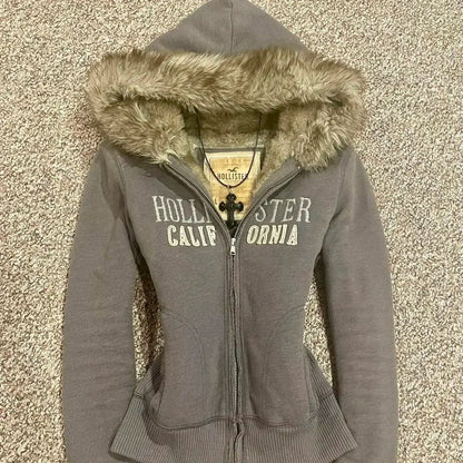 Vintage Casual Zipper Hoodie Jacket Cotton Warm Womens Fashion Jacket Y2k Clothes Letter Embroidery Hoodie Oversized Sweatshirt Badiee Stylez