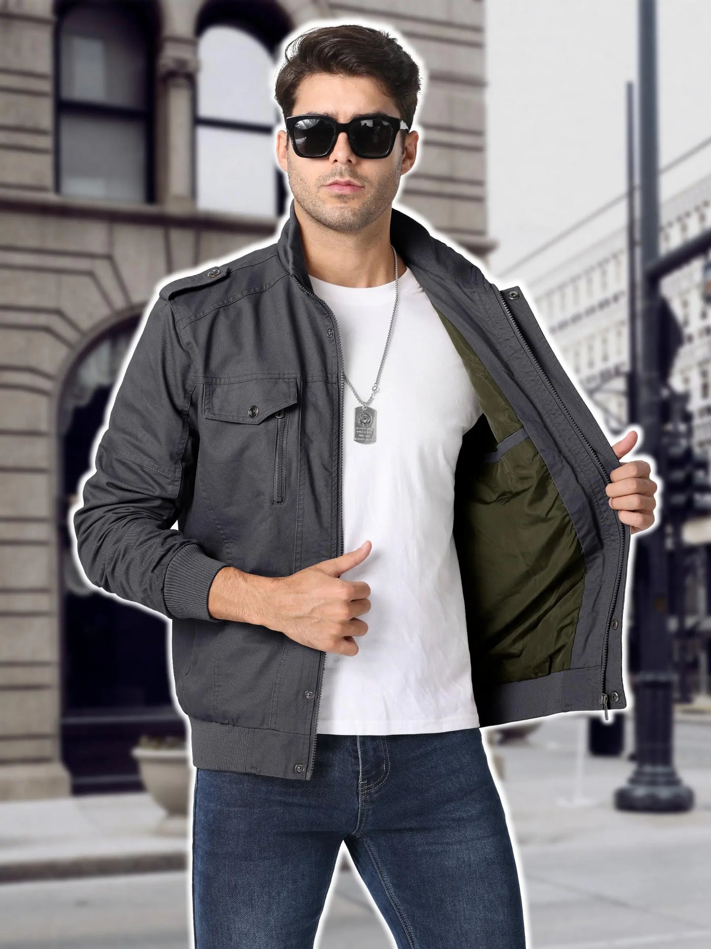 TACVASEN Full Zip Cargo Jacket Mens Retro Stand Collar Pilot Jacket Spring Autumn Lightweight Bomber Jacket Casual Outwear