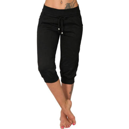 Classic Solid Color Jogging Pants Women Cotton Linen Capris Trousers Bandage Double Pocket Pants Summer Beach Vacation Wear Black