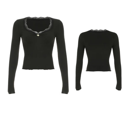 Cuteandpsycho Lace Patchwork Solid Slim Tee Shirts Long Sleeves V-neck Aesthetic Fashion Clothes Vintage Streetwear Black Tops Color7