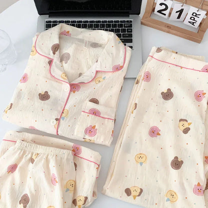 Summer Cloud Cotton Spwear Set Women's ort Sve Long Pants Home Clothes Cartoon Print Comfortable Breathable Nightgown Cz three-piece setPolka dot cartoon
