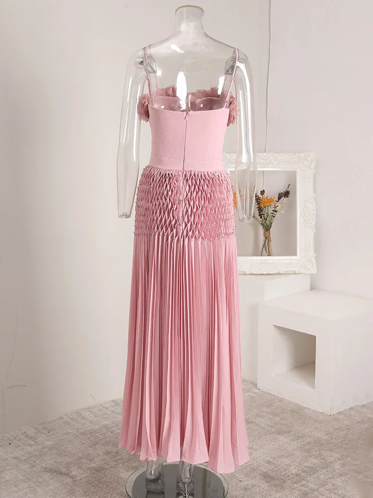 DEAT Elegant Dress Hollow Out Backless Camisole Pleated Flower High Waist Women's Party Dresses 2025 Autumn New Fashion 13DB5083 Badiee Stylez