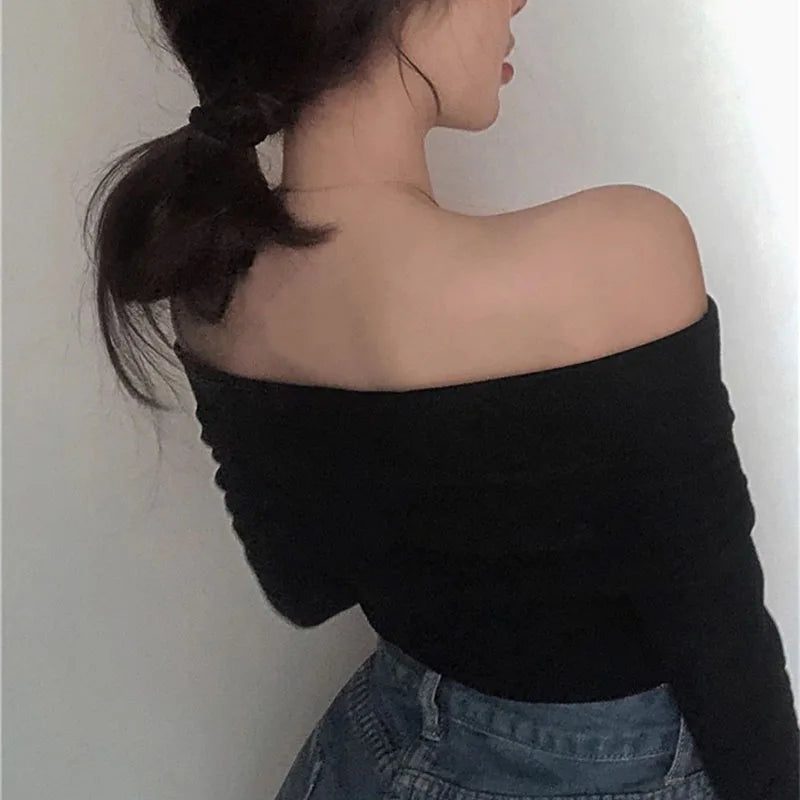 Xpqbb Vintage Slash Neck Pullover Women Korean Fashion Slim Long Sleeve Short Blouses Ladies Sexy Off Shoulder Club Party Tops