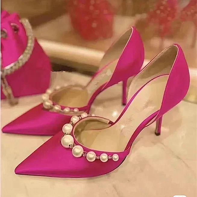 Spring/Summer New Pointed High Heels Hollow Fashion Banquet Pearl Hollow V-Mouth Women's Thin Heels Shallow Mouth Sandals