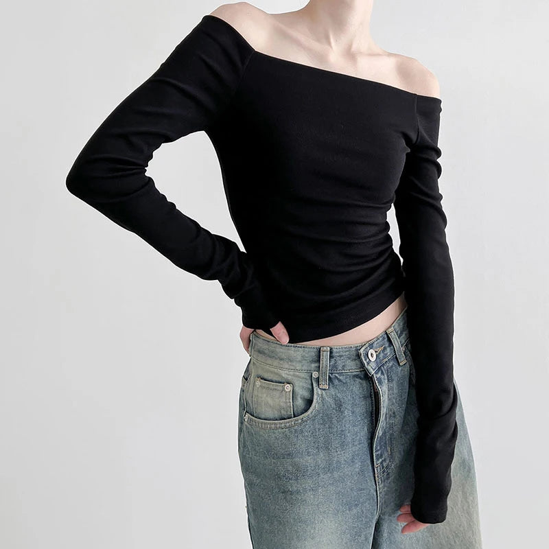Black Solid Slash Neck Elegant Long Sleeve Tops Korean Fashion Slim Sexy Cropped T Shirt Women Fall Clothing