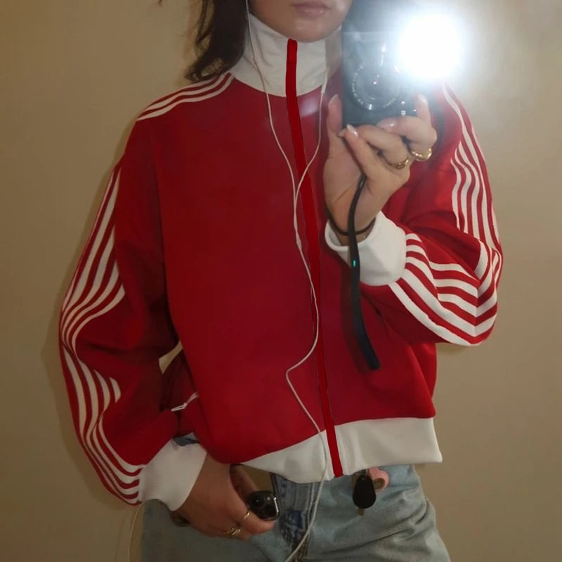 Women Sporty Zip Up Side Striped Jacket Autumn Casual Mock Neck Motorcycle Coats Tops Teen Girls Fashion Long Sleeve Sweatshirts