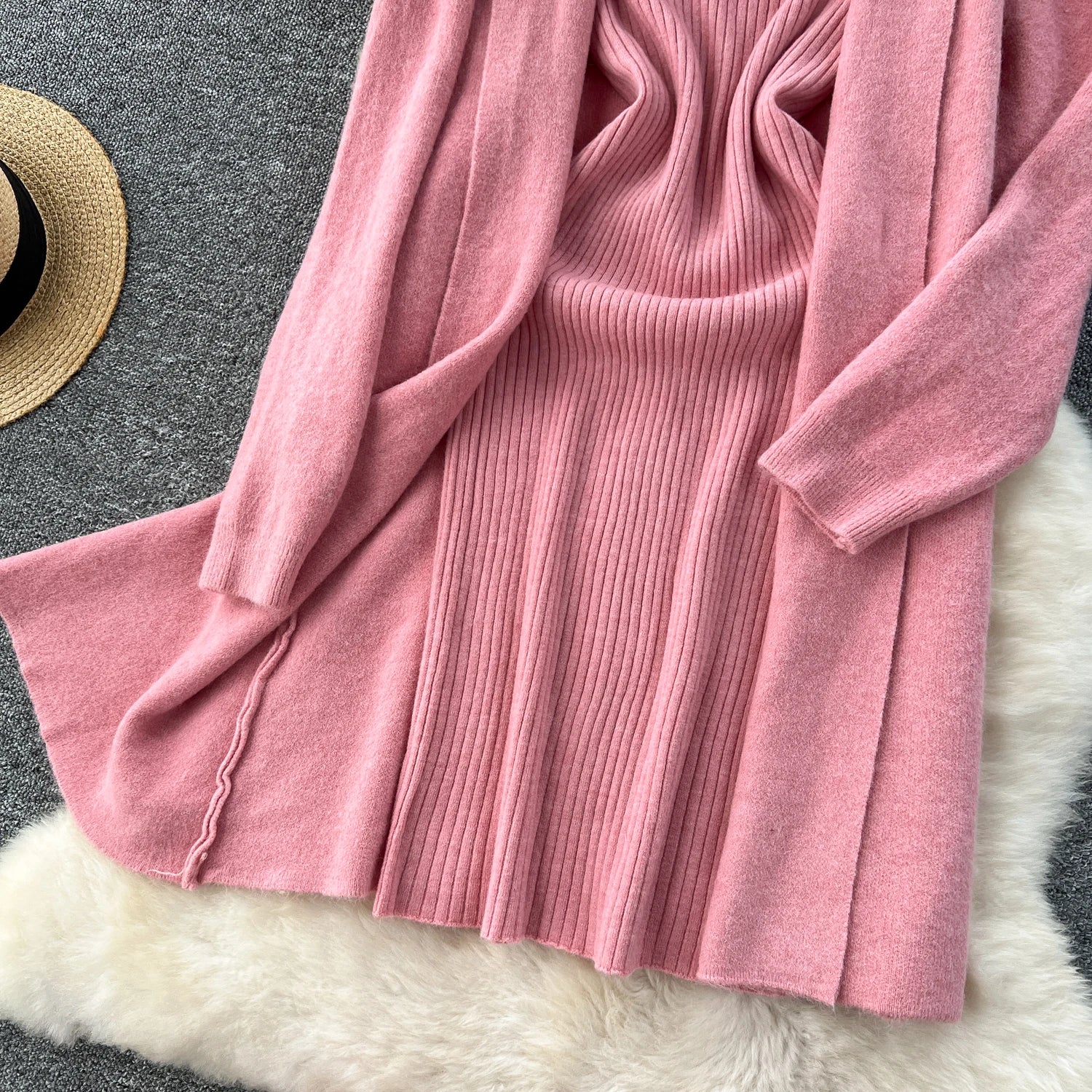 SINGREINY Autumn Knitted Two Pieces Sets Ladies Loose Knitting Cardigan+Spaghetti Strap Bodycon Dress Basic Solid Winter Suits Badiee Stylez