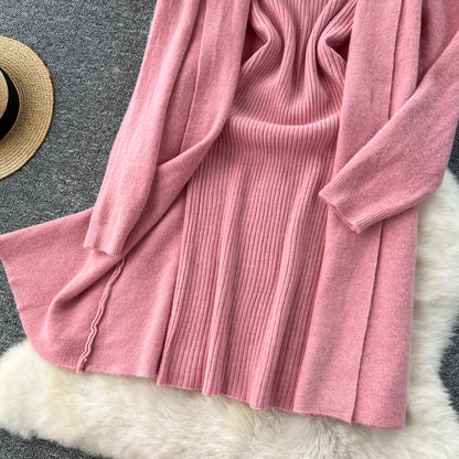 SINGREINY Autumn Knitted Two Pieces Sets Ladies Loose Knitting Cardigan+Spaghetti Strap Bodycon Dress Basic Solid Winter Suits Badiee Stylez