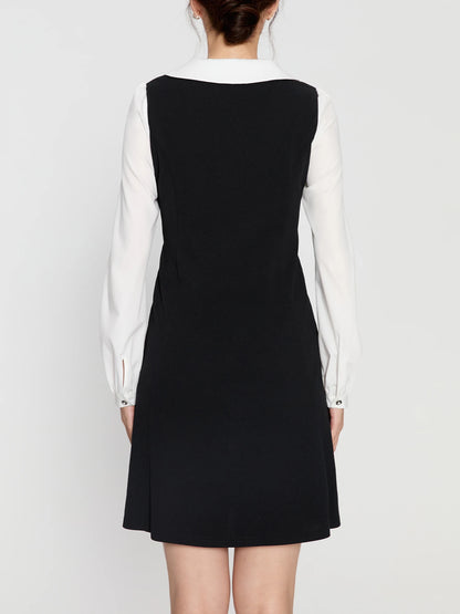 DUSHU Women Autumn Long SLeeve Dresses Office Lady Temperament Polo Neck A-LINE Long Dress Fake Two Patchwork Dress 24DS83358