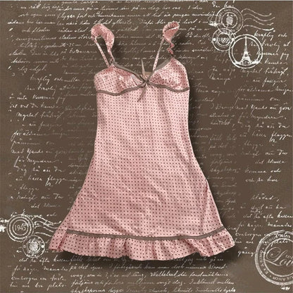 Polka dot Vintage Pink Hot Cute Dress Aesthetic Slim Y2K Short Sleeve Sundress Women Sweet Clothing Fashion Harajuku Lace Frock Pink 1