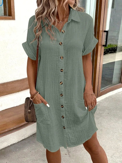 Women's Fashion Summer Minimalist V-neck Button Up Dress Woman Cotton Linen White Short Sleeved Pocket Casual Loose Shirt Dress Badiee Stylez