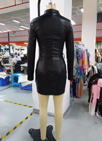 Sexy Dresses for Women Solid Pu Leather Long Sleeves Turtleneck Rhinestone Small Silt Skinny Mini Party Evening Black Dress Badiee Stylez