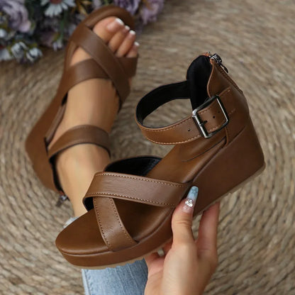 Roman Style Thick Heel Sandals Women's Summer Fashion Large Size Belt Buckle High Heels Platform Slippers PU Leather TPR