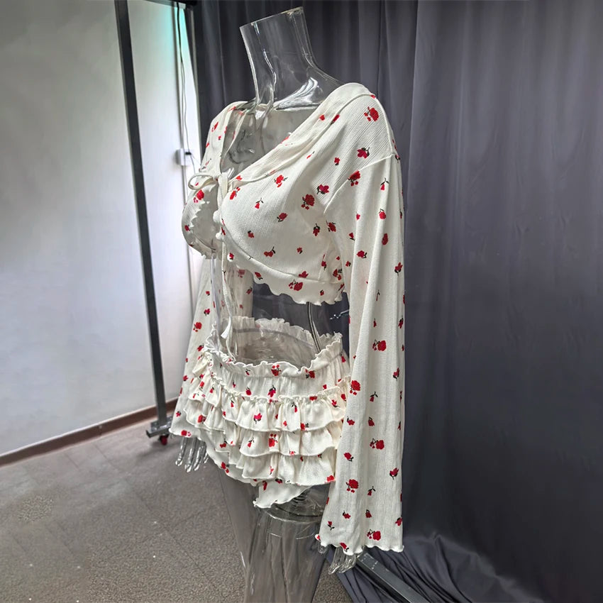 Hiloc Home Ruffles Cute Print Shorts Suits Pajamas For Women Summer Flare Sleeve Wrap Blouse With Elastic Waist Shorts 2 Piece