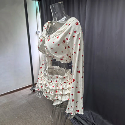 Hiloc Home Ruffles Cute Print Shorts Suits Pajamas For Women Summer Flare Sleeve Wrap Blouse With Elastic Waist Shorts 2 Piece