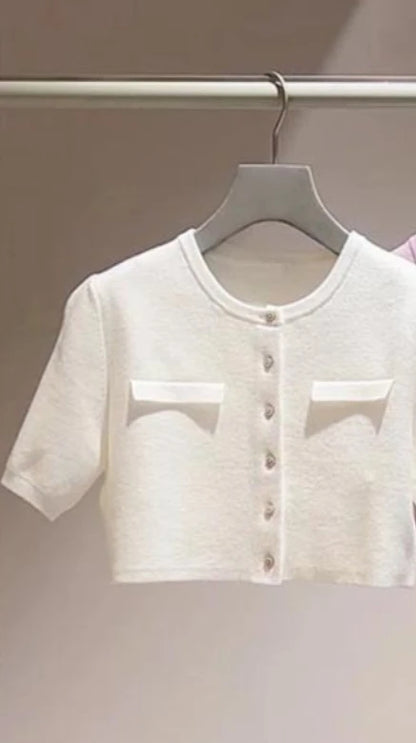 Kuzuwata Gentle Elegant O Neck Half Sleeve Jumper Knit All-match Short Preppy Literary Cardigan Japan Spring New Fresh Sweaters Milk-white One Size