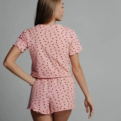 Womens Cute Heart Print Pajama Set Two Piece Short Sleeve Crop Top Ruffle Shorts Sleepwear Loungewear Casual Summer Nightwear ﻿