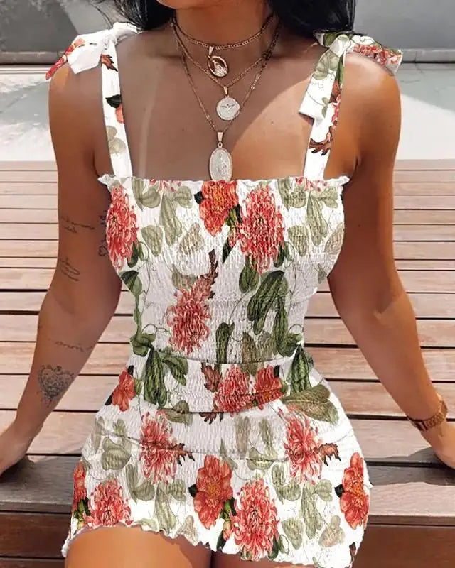 Women Elastic Waist Pleated Dress Summer Sleeveless Off The Shoulder Floral Print Bodycon Party Dresses SZE-1930
