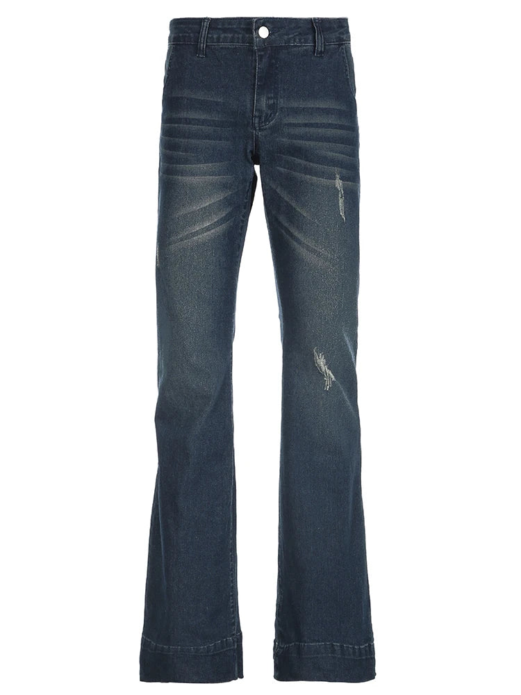 Weekeep Streetwear Low Rise Flared Jeans y2k Vintage Slim-fitting All-match Blue Denim Pants 2000s Casual Women's Jeans Harajuku