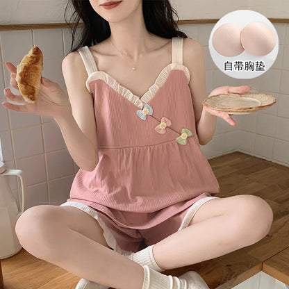 Two-piece Summer Solid Color Suspender Suit Pajamas for Women Sweet with Chest Pad Pajamas Vests Home Clothes 여자 잠옷 F