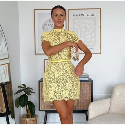 Women Fashion Yellow Lace Hollow Out Mini Dress Elegant Short Sleeve High Waist Bodycon Dresses Sexy Party Street Lady Vestidos