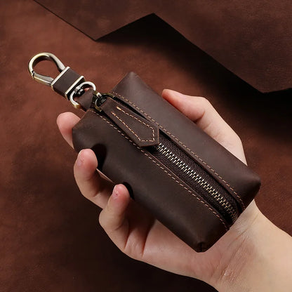 Genuine Leather Zipper Car Key Case Coin Purse Wallet with Key Car Smart Change Purse Coin Pouch Keychain Holder for Men Women Dark Brown