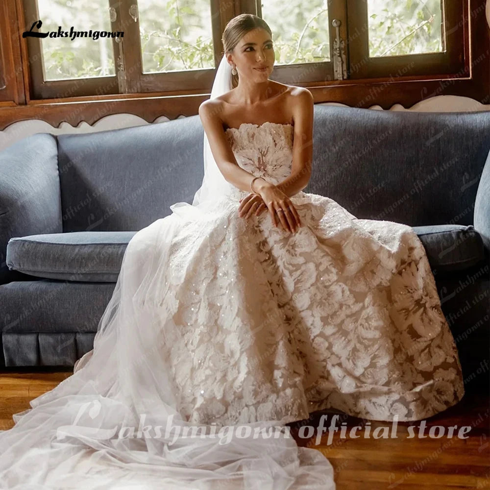 Lakshmigown Full Lace Strapless Wedding Dress Featuring Stunning Lace Appliques and Floral A-Line Bridal Dress Customized Badiee Stylez