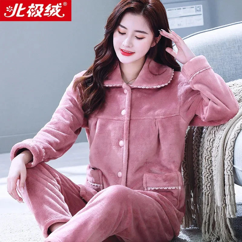 Autumn Winter Thicken Flannel Women Pajamas Set Two-piece suit Warm Loose Long-sleeve Female Casual Home service Single-breasted Bean paste DD