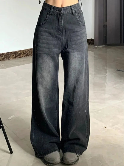 Korean Vintage High Waist Women's Jeans Y2K Slimming Pear-Shaped Loose Straight Bell Bottoms Black Gray Baggy Denim Trousers - Badiee Stylez