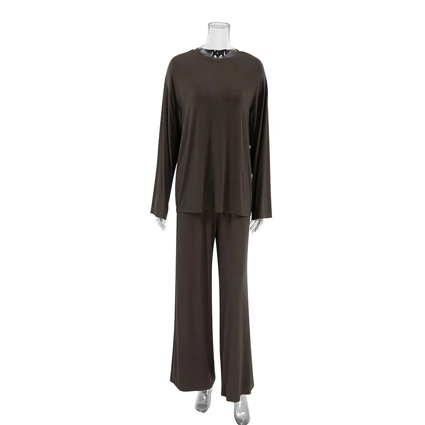 New 2025 Brown Loose Female Sleepwear Suit O-Neck Nightgowns Long Sleeve Nightwear Wide Leg Pants Women's Pajamas 2 Piece Set